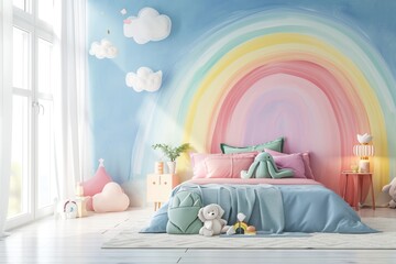A vibrant haven for girls - a stunning photo of a modern and colorful kids bedroom. Ai Generated - obrazy, fototapety, plakaty