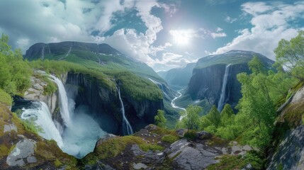 Obraz premium Take a virtual journey with a 360-degree view of a majestic waterfall in Norway's pristine wilderness. Ai Generated.