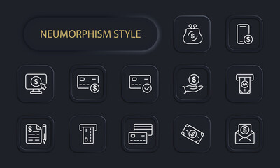 Online translation line icon. Wallet, bank card, smartphone, ATM, cash withdrawal, dollar. Neomorphism style. Vector line icon for business and advertising