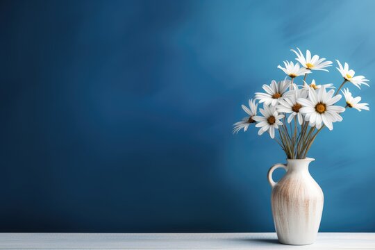 Capture the charm of African daisy flowers in a vase on a white wooden coffee table against a textured dirty blue wall background. Ai Generated