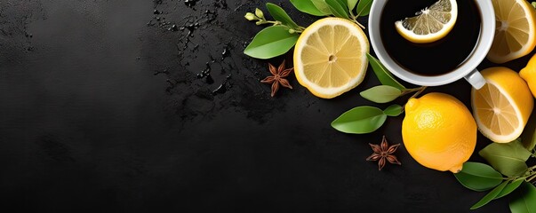 Lemon Spice Tea, Fruit Chai, Lemon Ginger Hot Drink, Yellow Fruit Beverage, Citrus Coffee Top View on Black - obrazy, fototapety, plakaty