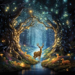 Illuminate the magical forest pathway, highlighting the majestic deer's presence. Ai Generated.