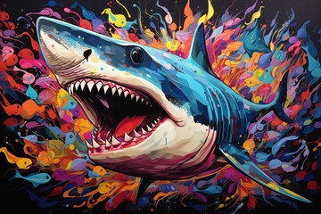 Dynamic shark in pop art style, blending bold hues amidst an aquatic backdrop, Ai Generated