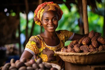 Foto op Canvas dark-skinned woman holding a basket with plate with cocoa be African © Al