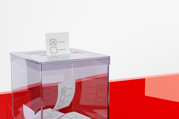 Transparent ballot box on a white-red background, 3D illustration - obrazy, fototapety, plakaty