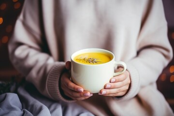 Turmeric latte. Yellow tea. A woman holds a mug of turmeric tea. Warming drink - obrazy, fototapety, plakaty
