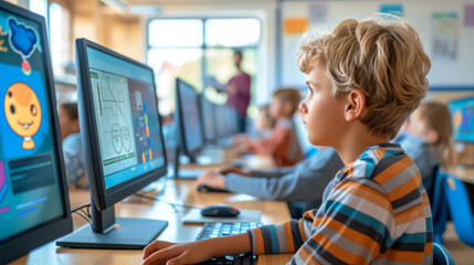 children intently looking at computer screens