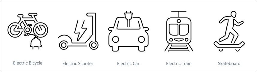 A set of 5 Mix icons as electric bicycle, electric scooter, electric car