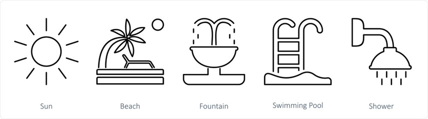 A set of 5 Mix icons as sun, beach, fountain