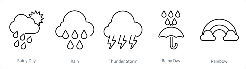A set of 5 Mix icons as rainy day, rain, thunder storm
