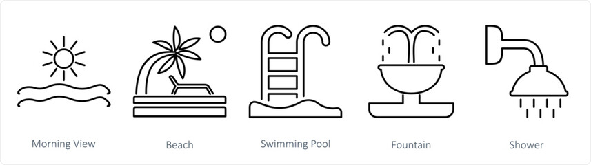 A set of 5 Mix icons as morning view, beach, swimming pool