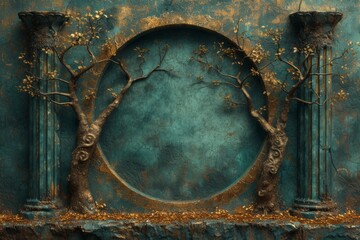 Obraz na płótnie Canvas Plate with Branches in the Style of Dark Cyan and Gold - Hyperrealistic Fantasy layered Venee in Industrial Texture Columns and Totems Background Style created with Generative AI Technology