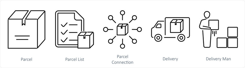A set of 5 Mix icons as parcel, parcel list, parcel connection