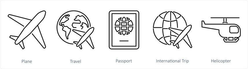 A set of 5 Mix icons as plane, travel, passport