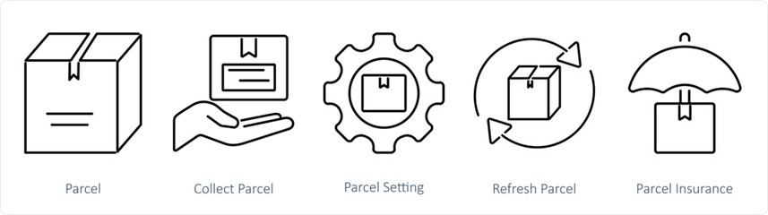 A set of 5 Mix icons as parcel, collect parcel, parcel setting