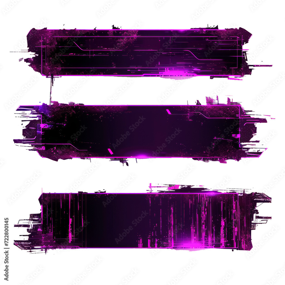Aufkleber sci-fi text boxes with glitched effect in purple colors. futuristic hi-tech badges for digital produ