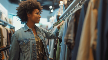 young man and woman are closely examining a piece of clothing in a retail store with racks of garments around them