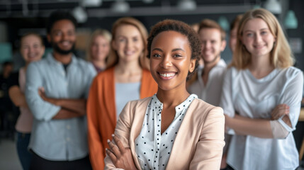 Fototapeta premium confident woman is standing in the foreground with a group of diverse people blurred in the background