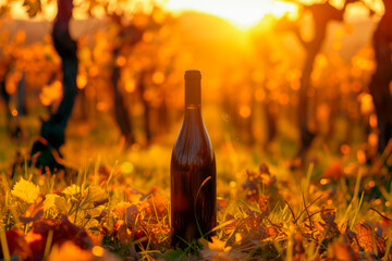 A bottle of wine sitting on the grass in the background of a vineyard at beautiful sunrise, autumn...