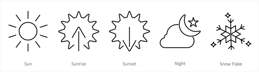 A set of 5 mix icons as sun, sunrise, sunset