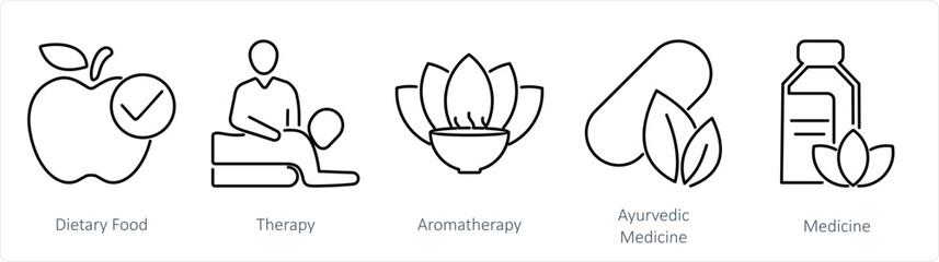 A set of 5 mix icons as dietary food, therapy, aromatherapy