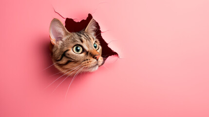The cat looks out of a hole in the pink paper background . Copy space. - obrazy, fototapety, plakaty