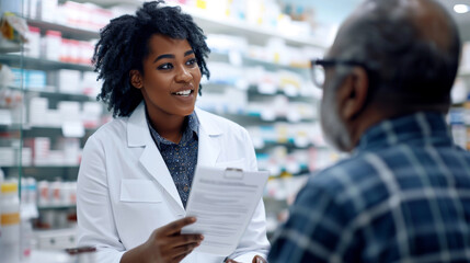female pharmacist is consulting with an elderly male customer in a pharmacy