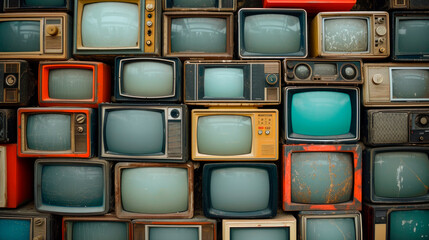 Pattern wall of pile old retro TV.