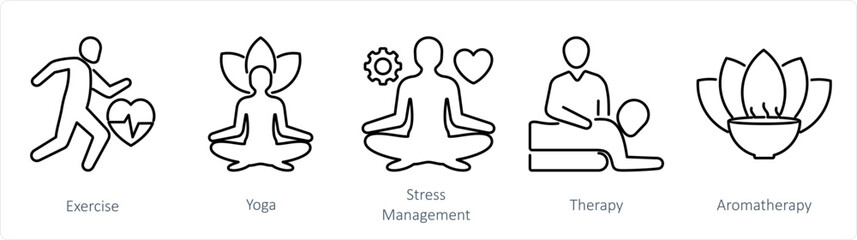 A set of 5 mix icons as exercise, yoga, stress management