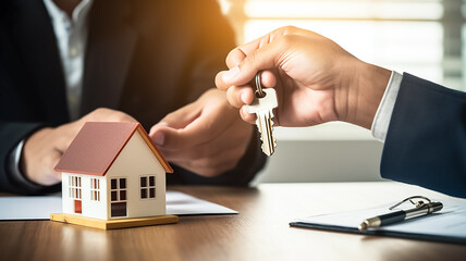 Real estate agent agree to buy a home and give keys to clients at their agency's offices. Concept agreement. Сoncept for real estate, moving home or renting property.
