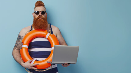joyful man with red-dyed hair and a full beard, wearing round sunglasses, a striped tank top, holding a laptop in one hand, and an orange lifebuoy in the other