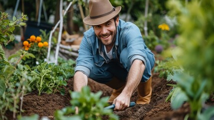 Young handsome gardener digging with a shovel in the garden