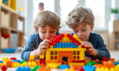 Two five-year-old boys are building a house from a multi-colored construction set