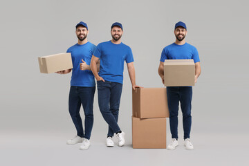 Delivery service. Happy courier with cardboard boxes on light grey background, collage of photos