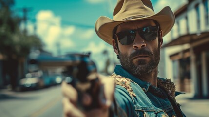 Handsome cool Texas Ranger with a gun looking at the camera - obrazy, fototapety, plakaty