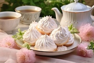 Fototapeta na wymiar White Pink Meringue Cookies, Tea Cup and Flowers, Traditional Whisk Merengues, Baked Whisking Cream