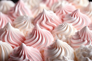 White Pink Meringue Cookies Closeup, Traditional Whisk Merengues, Baked Whisking Cream or Beze - obrazy, fototapety, plakaty
