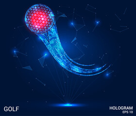 A golf hologram. A golf ball made of polygons, triangles of dots and lines. The golf ball is a low-poly compound structure. Technology concept vector.
