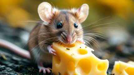 Little cute mouse eats cheese and looks at the camera - obrazy, fototapety, plakaty