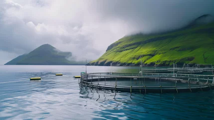 Tuinposter Salmon fish farm in the ocean waters at faroest © Ashley