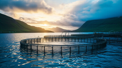 Salmon fish farm in the ocean waters at faroest