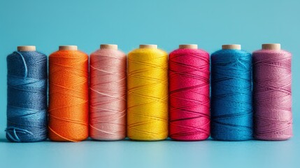 Multi-colored sewing threads lie in a row on a minimalistic bright background