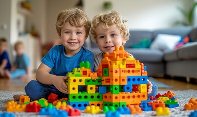 Two five-year-old boys are building a house from a multi-colored construction set