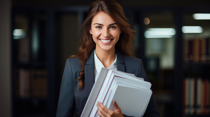 Cheerful young woman wearing a business suit and holding a stack of folders or documents - obrazy, fototapety, plakaty