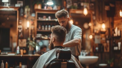Young handsome Barber gives a haircut to a brutal man in a barbershop - obrazy, fototapety, plakaty