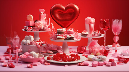 set up for valentine's day candy covered pink table