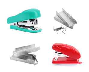 Different colorful staplers and fasteners isolated on white, collection
