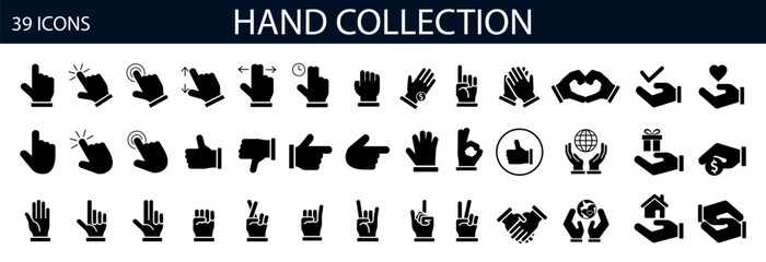 Vector set of hand line icons. Set of line icons related to gesture, zoom, move, tap, click. Black vector symbols isolated on white.