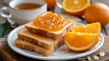 Toast with orange jam spread lies on a white plate - Powered by Adobe