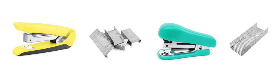 Different colorful staplers and fasteners isolated on white, collection